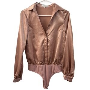 L'Academie Satin Button Front Bodysuit Rose Gold Metallic Long Sleeve XS Party